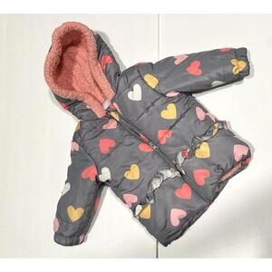 Just Lizzy Toddler Girls Puffer Jacket Heavyweight Heart Printed Gray Pink 18M